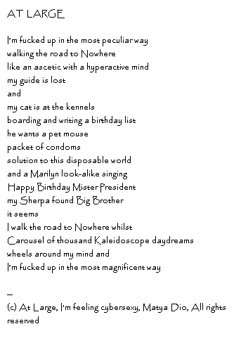 AT LARGE I’m fucked up in the most peculiar waywalking the road to Nowherelike an ascetic with a hyperactive mindmy guide is lostandmy cat is at the kennelsboarding and writing a birthday list he wants a pet mouse packet of condoms solution to this disposable world and a Marilyn look-alike singing Happy Birthday Mister Presidentmy Sherpa found Big Brotherit seems I walk the road to Nowhere whilst Carousel of thousand Kaleidoscope daydreamswheels around my mind andI’m fucked up in the most magnificent way--Copyright, At Large, I'm feeling cybersexy, Matya Dio, All rights reserved